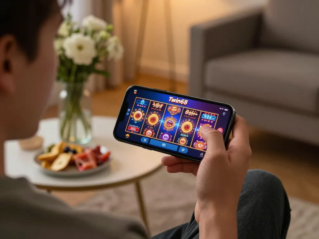 Twin68 mobile app showcasing vibrant slot games during responsible gaming session