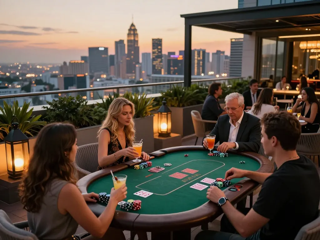 dacsandatphanrang com guests enjoy a sunset view while engaging in an exclusive poker game on a luxurious rooftop terrace