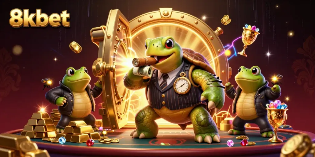 8xbet showcases a vibrant, engaging casino scene with a snapping turtle mobster, emphasizing fun and excitement.
