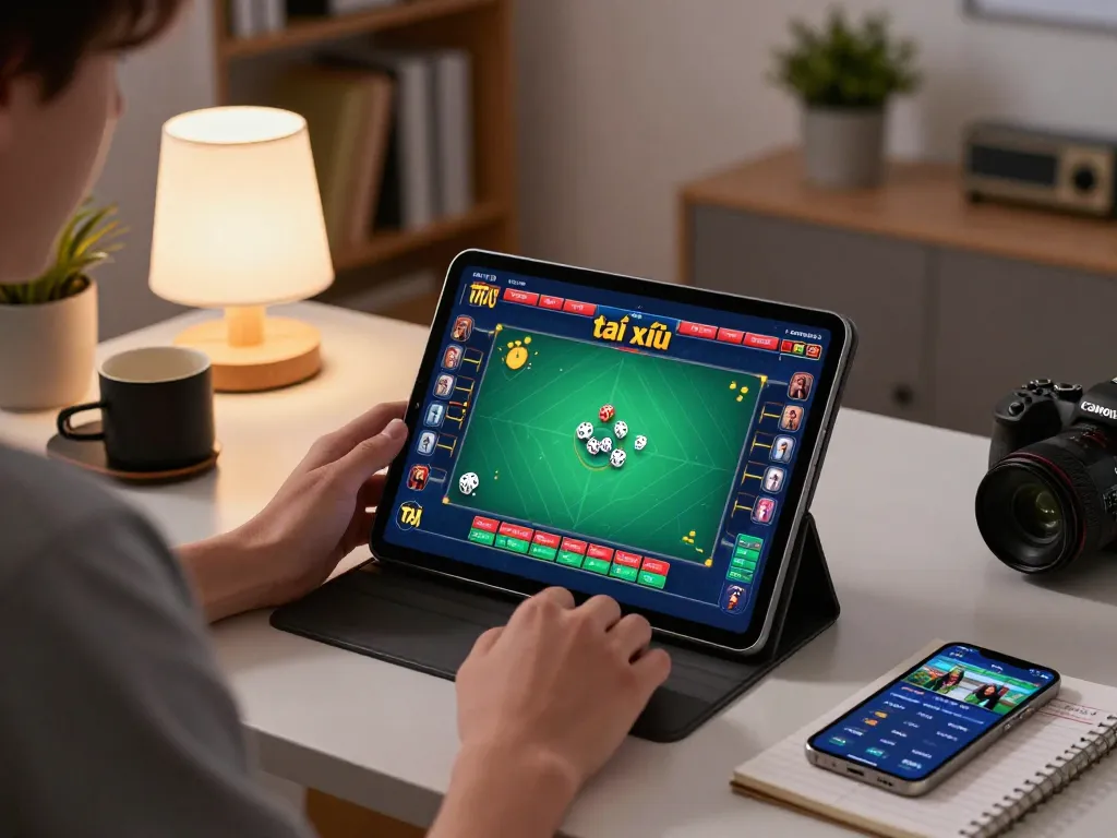 Tài xỉu online uy tín gameplay on tablet showcasing dice in action in a cozy home setup
