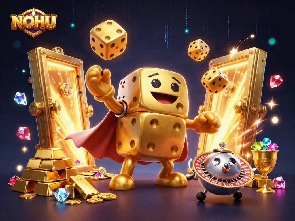 NOHU brings excitement with golden dice and treasures in a vibrant casino scene.