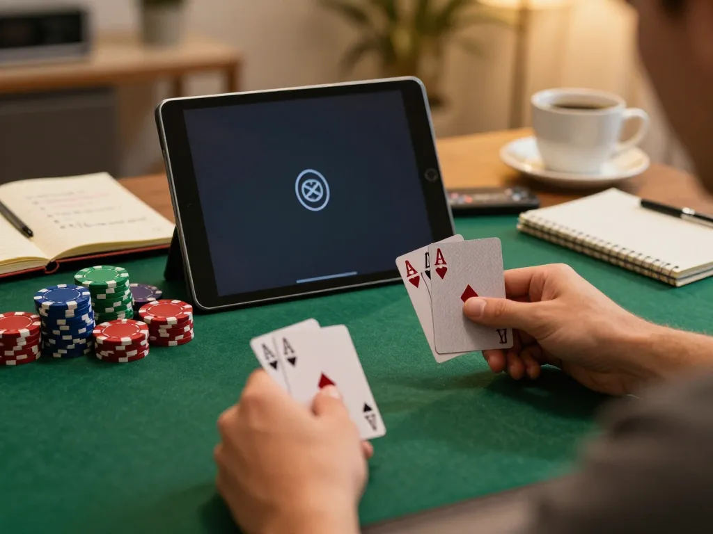 Player analyzing poker hands and strategies on a tablet for BL555 online gaming experience.