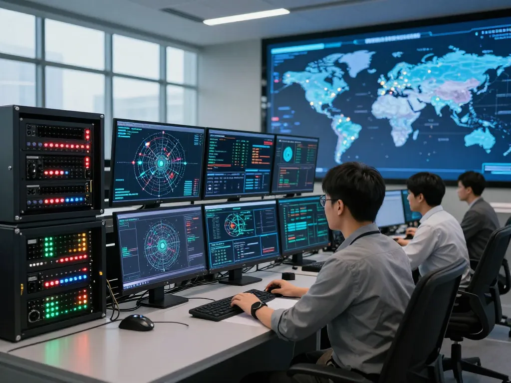 Professional managing global network connections using 快连 technology in a high-tech control center.