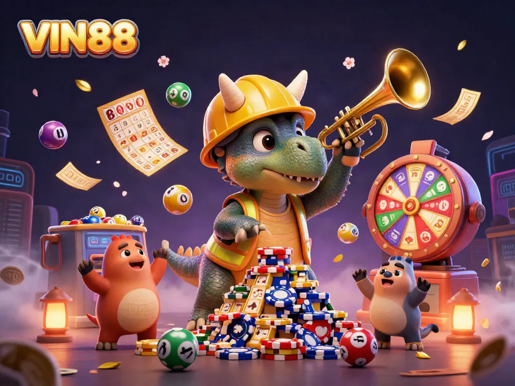 Experience the excitement of VIN88 with a festive 3D illustration showcasing colorful lottery balls and cheerful characters.
