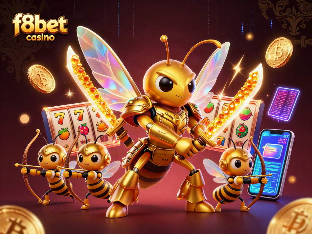 Engage with f8bet casino in a vibrant scene featuring unique characters and slot elements.