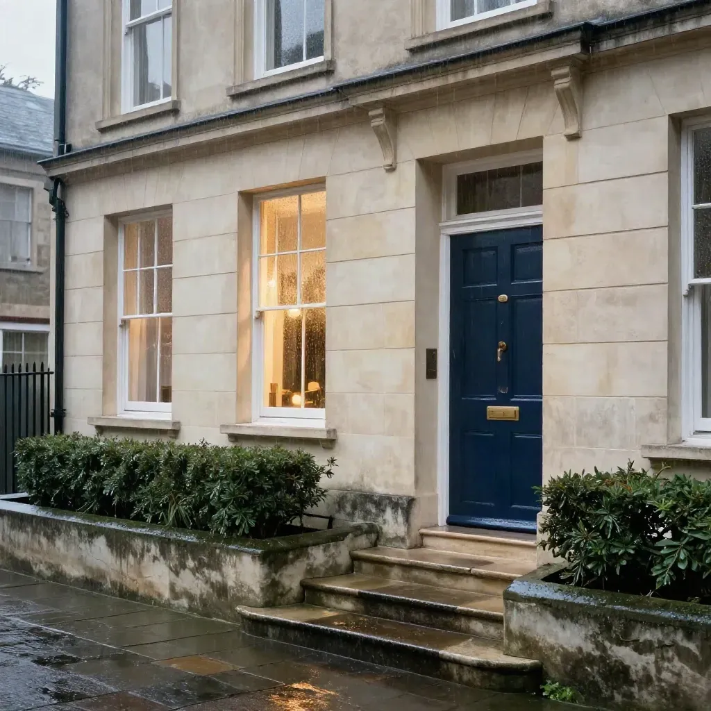 Rain-washed Georgian venue façade with sash windows, stone steps and navy door.