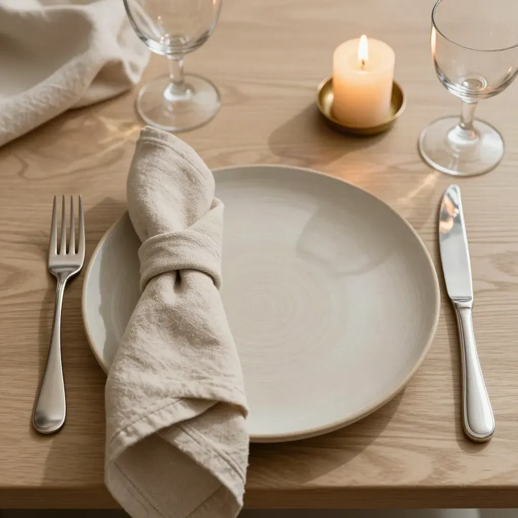 Overhead of a styled place setting with candle, stoneware plate, napkin, glassware and cutlery on pale oak.