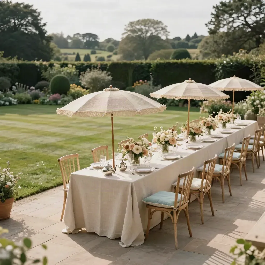 Terrace view of a dressed English garden party set for four generations