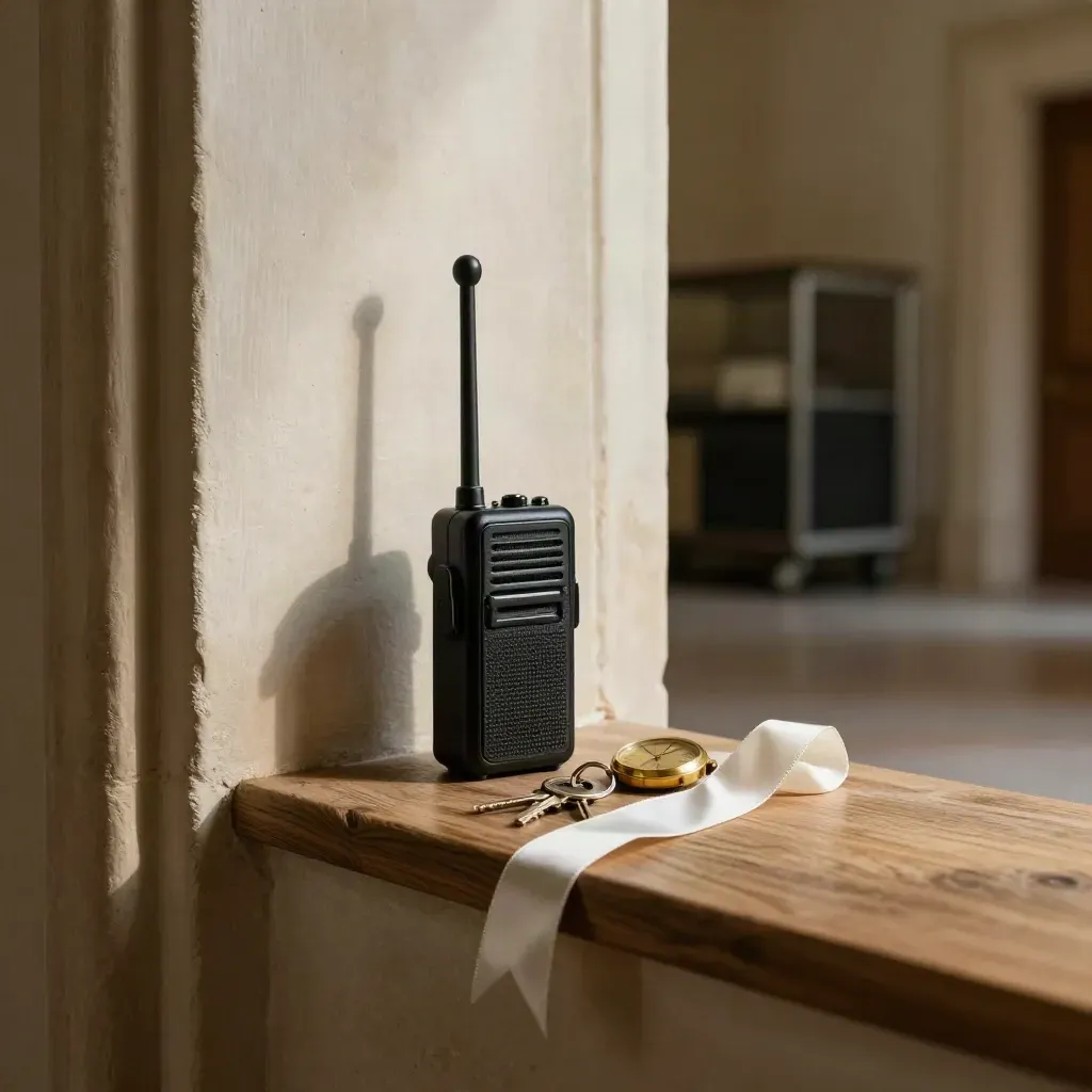Hosting tools beside a doorway in warm hall light, quiet and elegant.