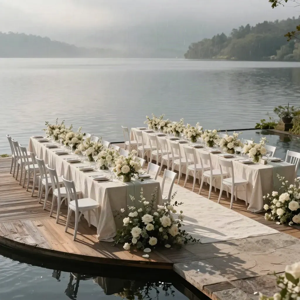 Lakeside wedding terrace set with pale chairs, linen aisle runner and meadow flowers after rain.