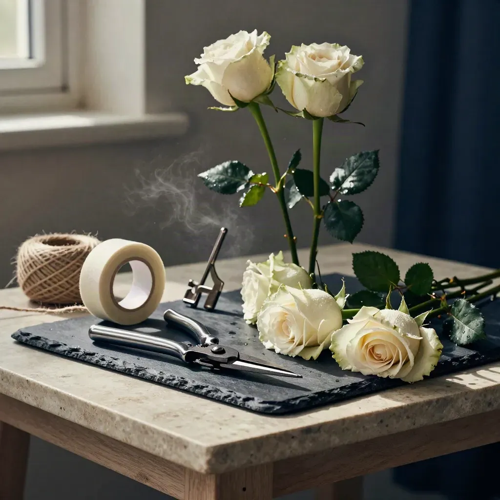 Floristry tools and cream rose stems on a limestone bench in dramatic side light
