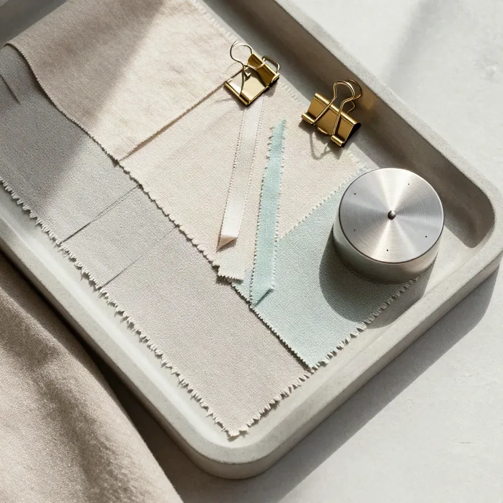Flat lay of linen swatches, ribbon, brass clips and a metal timer on a pale tray.