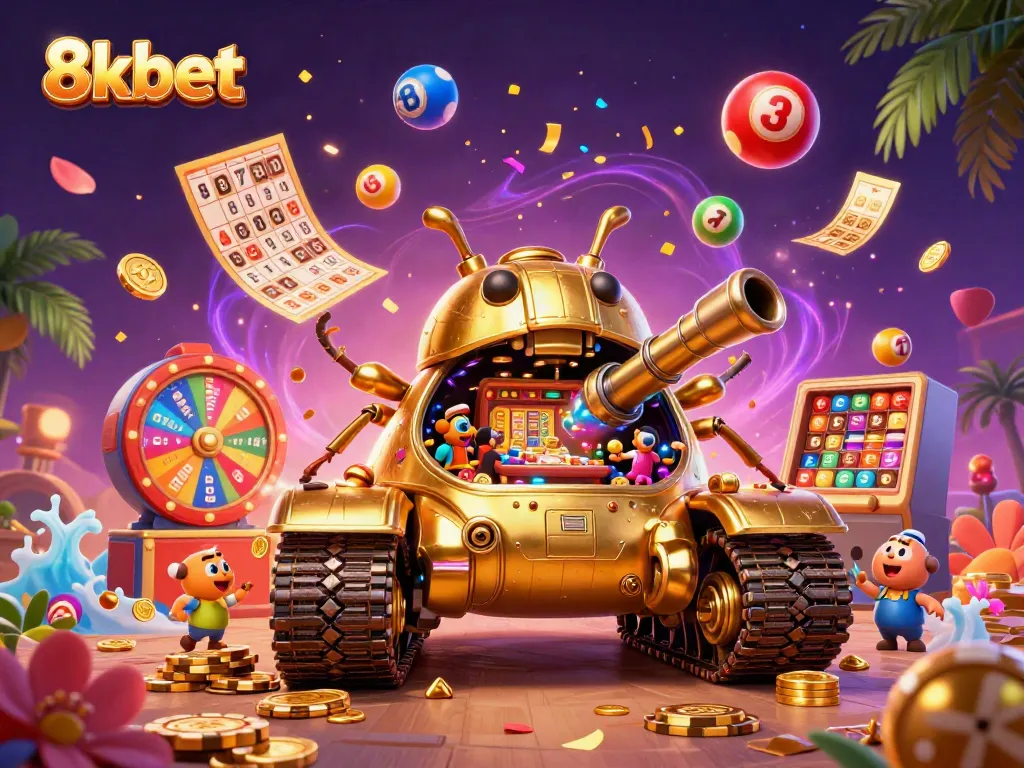Experience the excitement of 8xbet with a dynamic golden beetle tank casino scene.