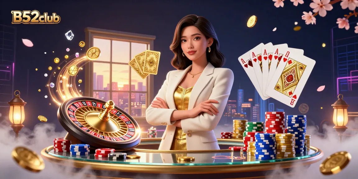 B52club elevates online gaming with a powerful Asian woman showcasing a golden deck of cards amidst cascading riches.