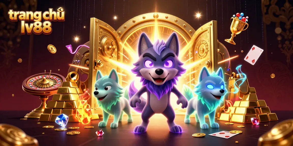 Experience excitement at trang chủ lv88 with a dynamic 3D casino illustration featuring wolves and jackpot treasures.