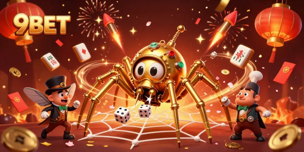 Engage with 9BET's vibrant steampunk spider-themed online casino scene, surrounded by festive elements.