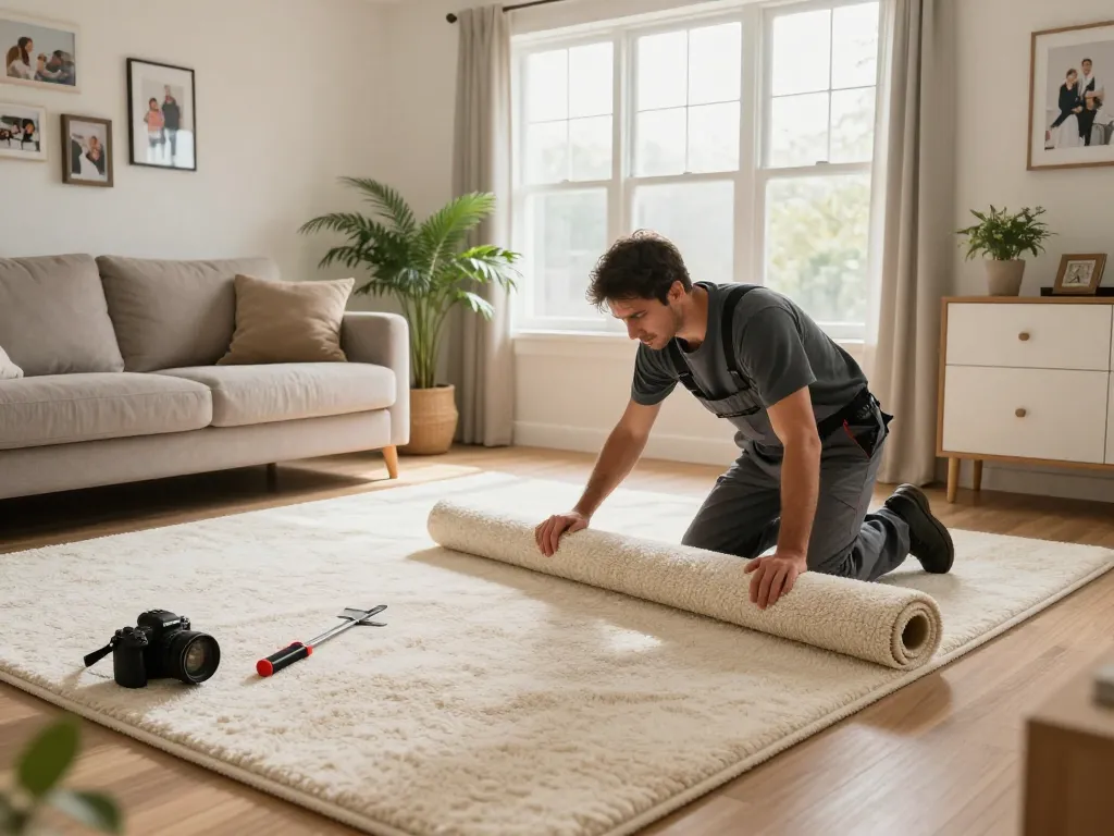 Home carpet fitting services in a warm living room with a professional installer laying plush carpet.