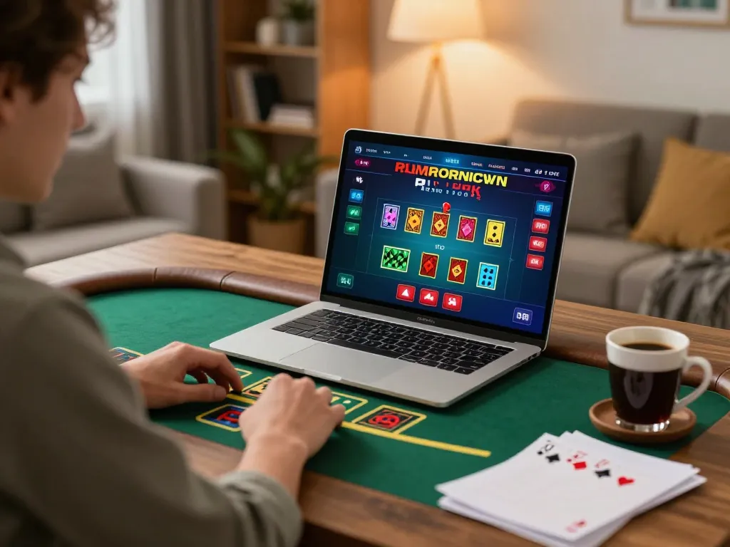 Player immersed in online blackjack at 888vnd, showcasing engaging gameplay and a cozy home setup.