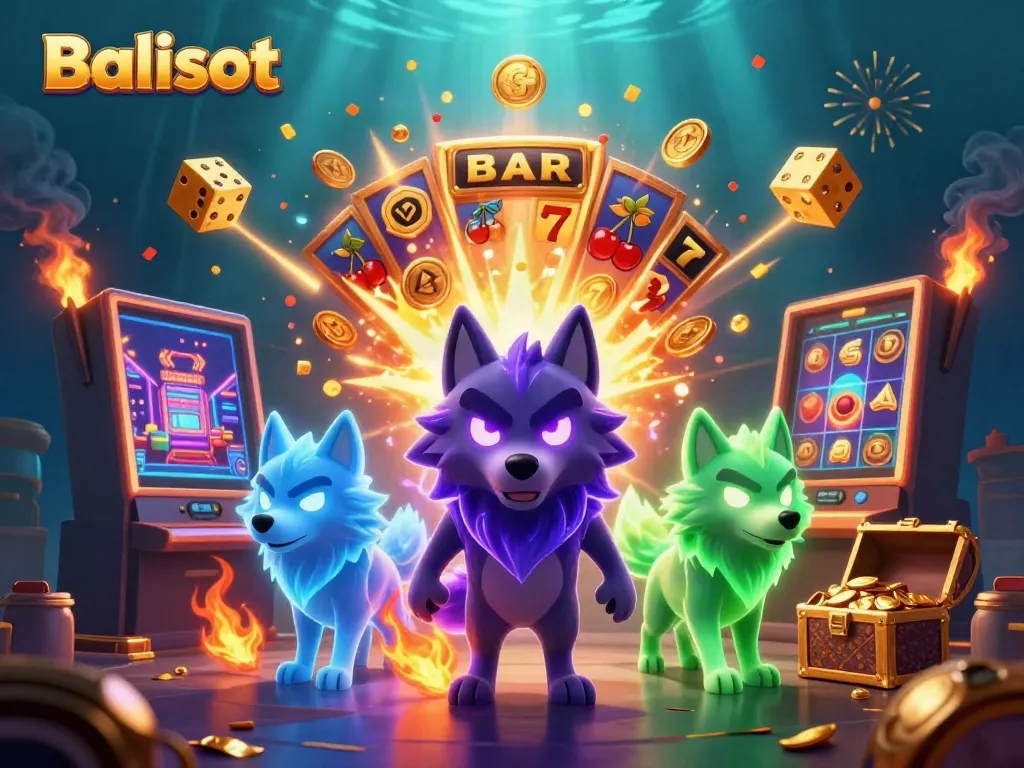 Balislot-themed illustration showcasing a dynamic casino scene with vivid characters and a jackpot explosion.