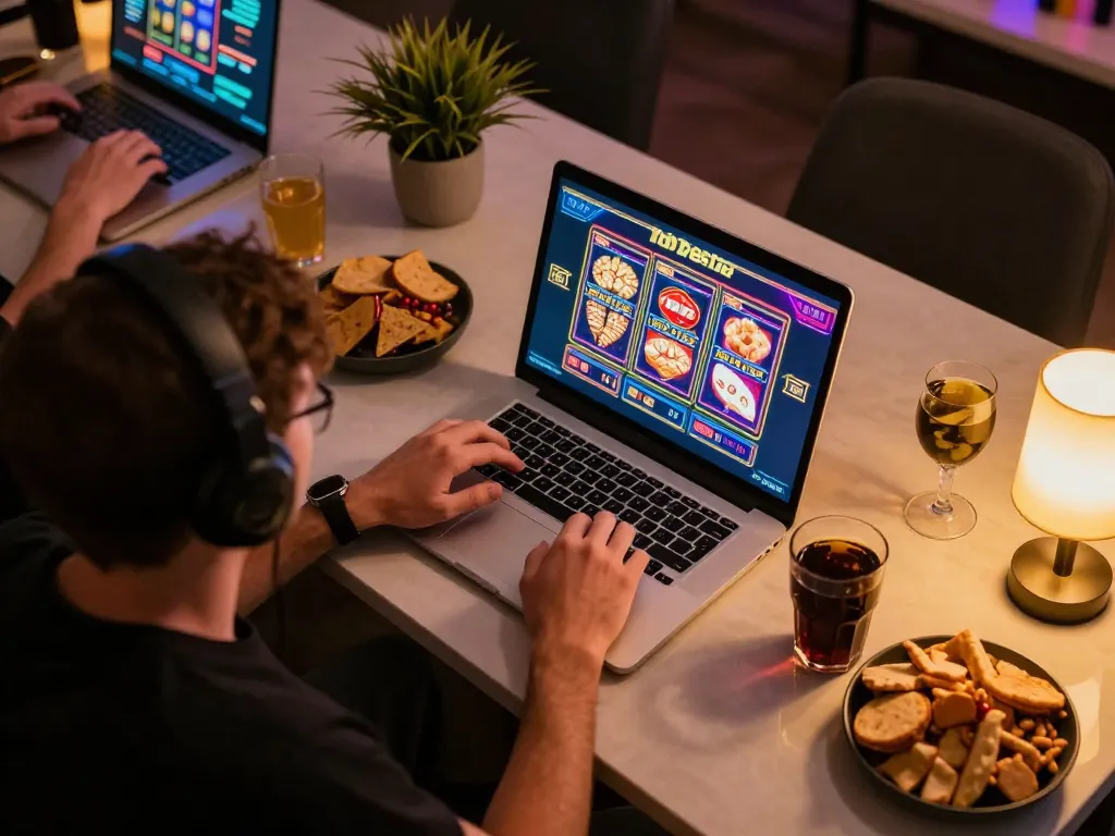 Playing slots online at 789bet7a with colorful graphics on laptop surrounded by snacks.