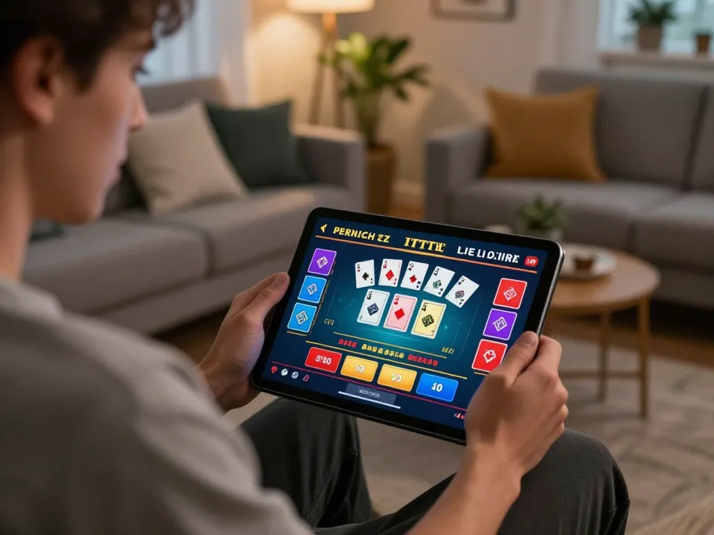 Player immersed in dynamic live blackjack game on tg88 tablet in cozy home environment.