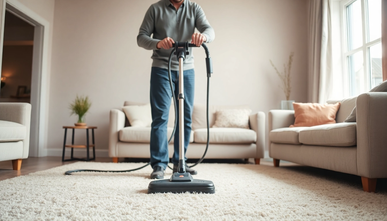 Carpet cleaners in Glasgow efficiently cleaning a vibrant carpet in a sunlit room.