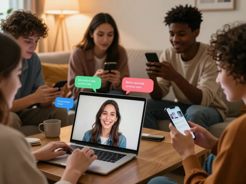Engaging, cozy atmosphere for sexchat, showcasing diverse individuals in intimate online interactions over laptops and mobile devices.