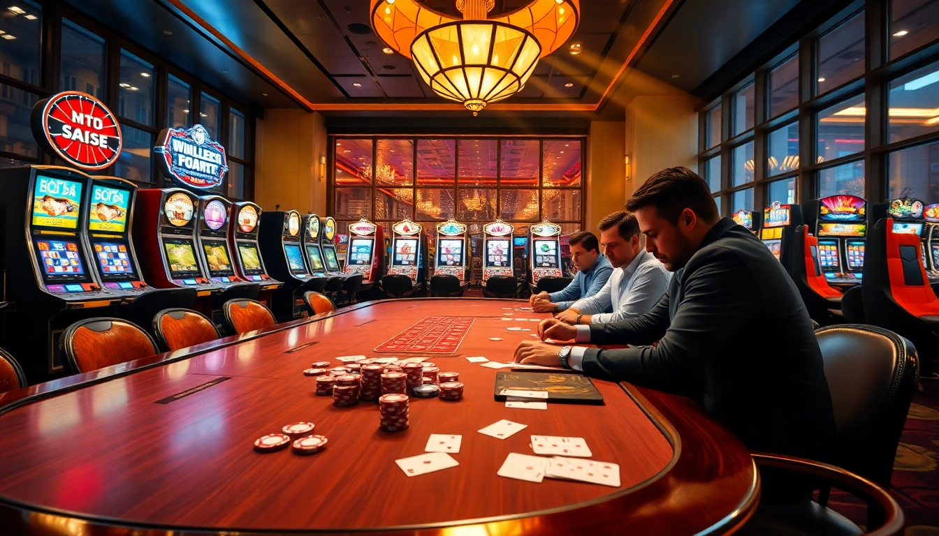 Players engaged in a high-stakes poker game at Ga6789 casino with vibrant slot machines in the background.