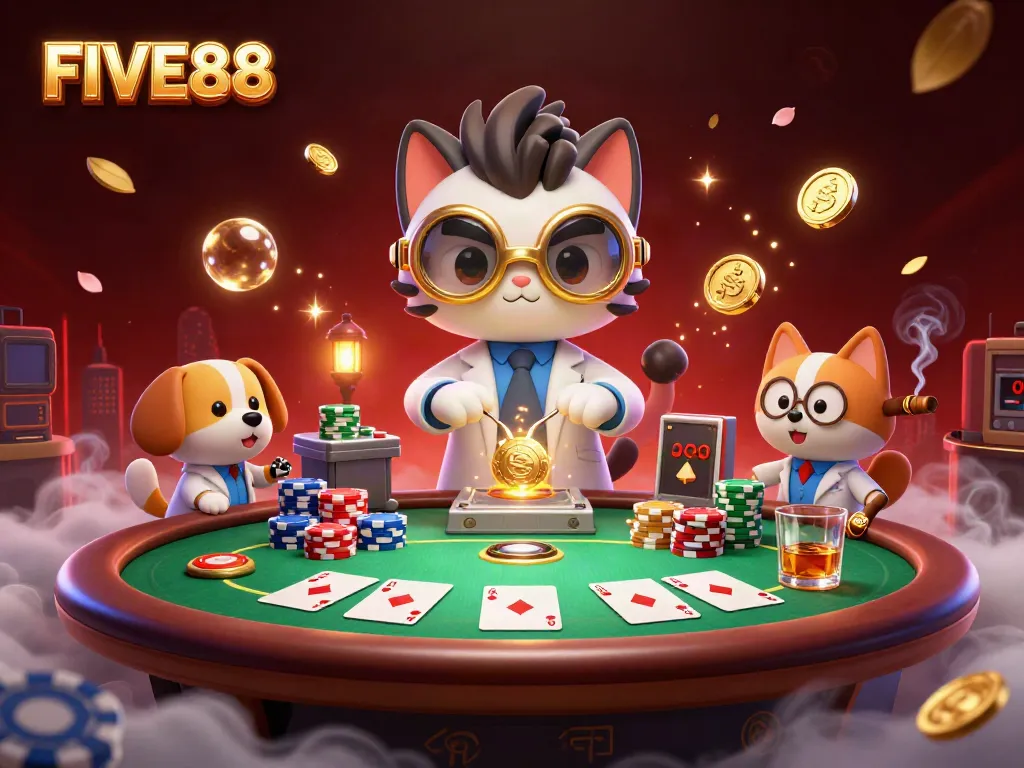 Experience thrilling moments at FIVE88 with this vibrant 3D casino scene featuring poker elements.