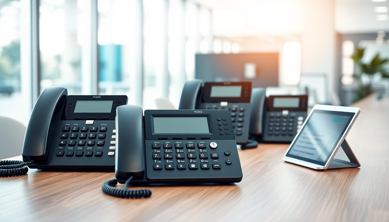 Showcase of business phones on a modern office desk highlighting their sleek design.