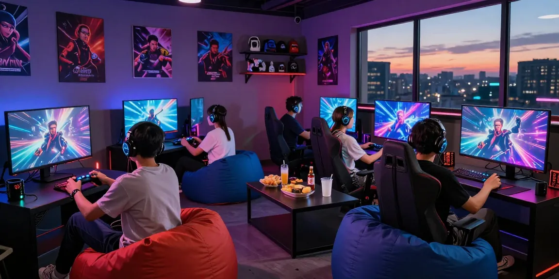Friends enjoying gaming in a vibrant rokok88 lounge with snacks and screens.