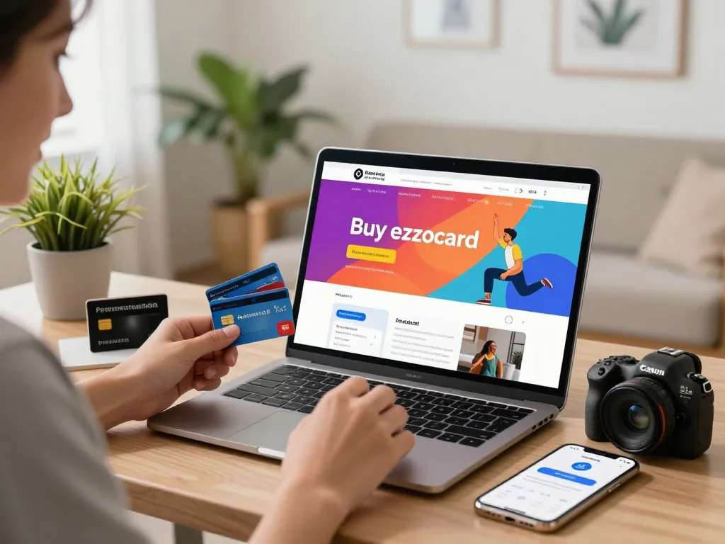 Buy ezzocard showcased on digital interface with user browsing prepaid cards in a bright home office.