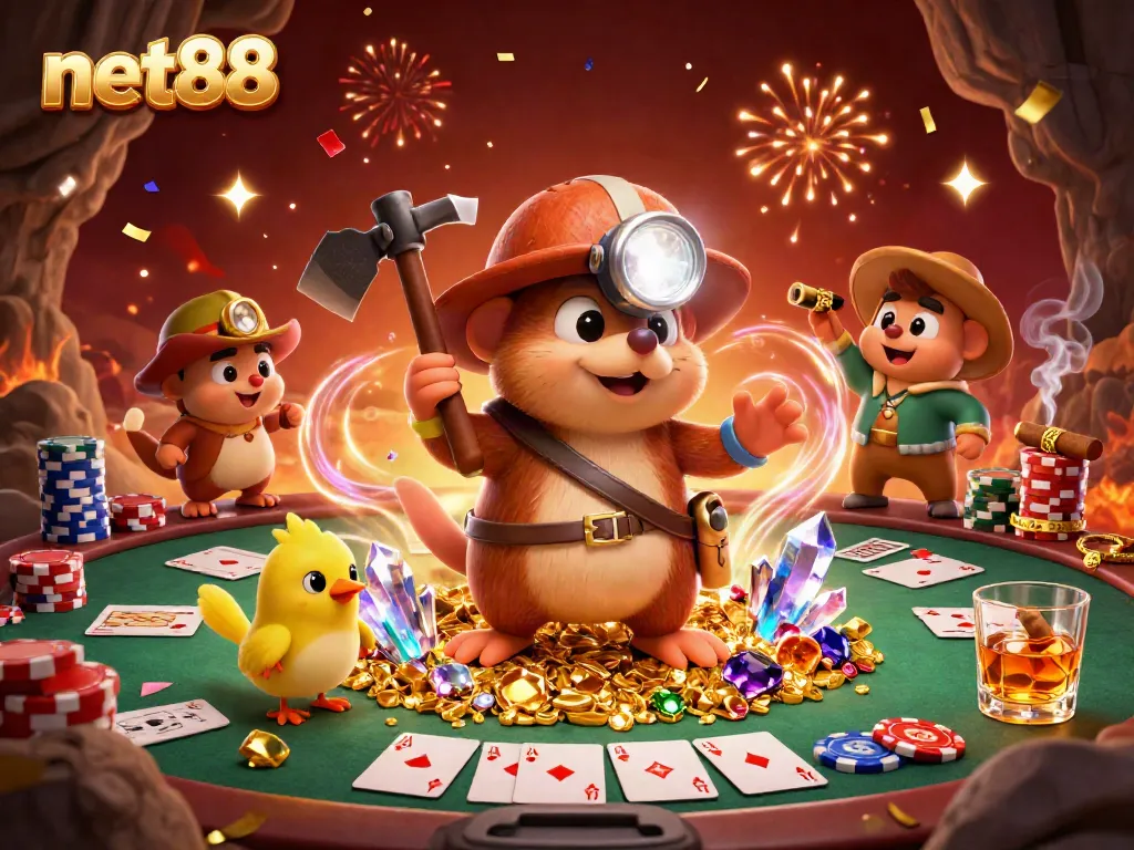 Engaging net88 scene with a treasure hunter mole surrounded by poker chips and confetti.