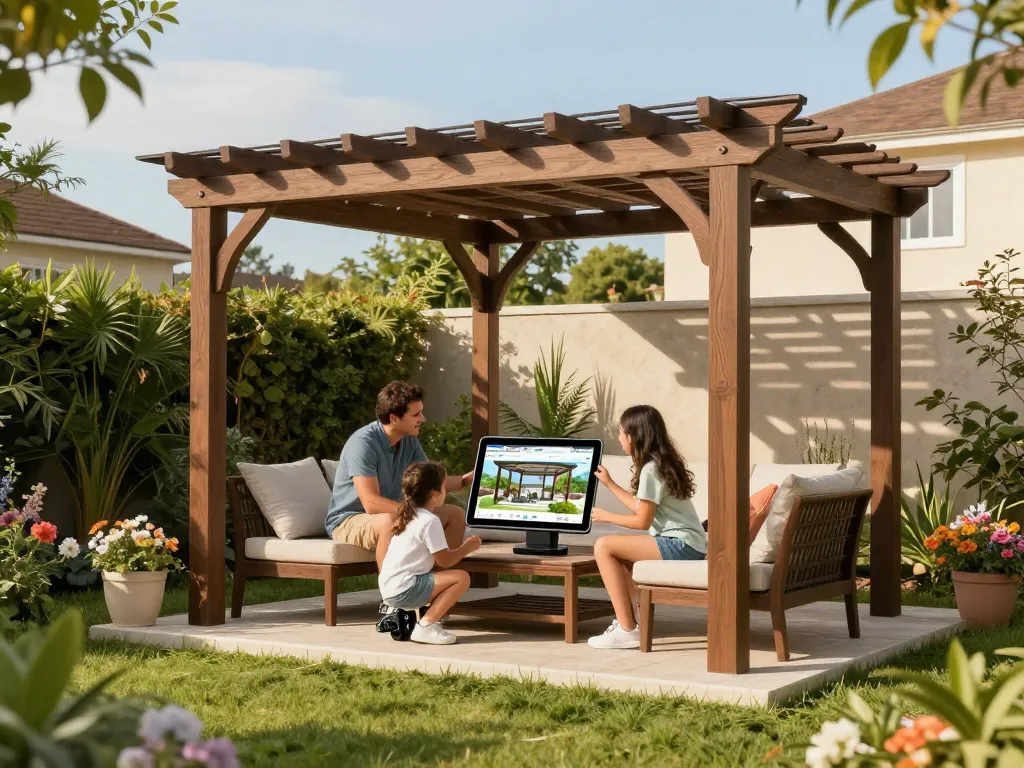 Family designing a perfect pergola using pergola configurator software, surrounded by nature in their garden.