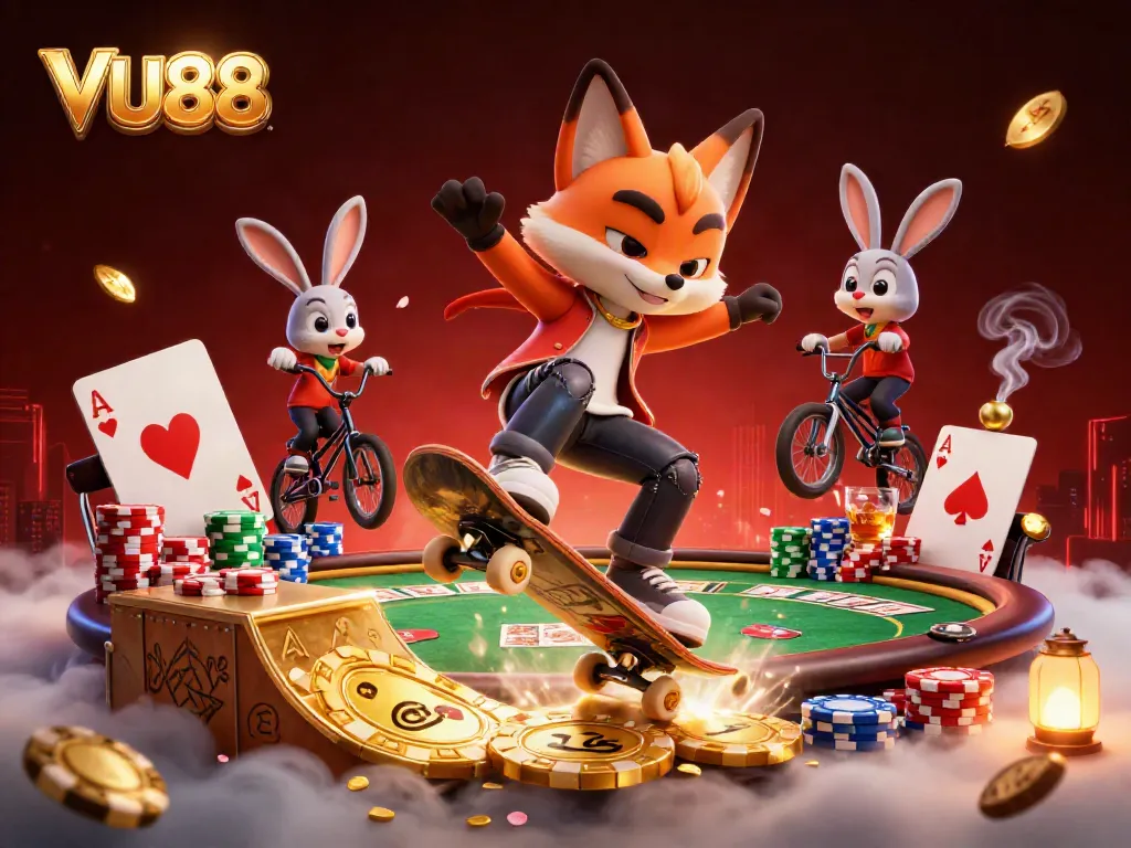 Experience thrilling poker action with VU88, as a cartoon fox performs tricks over golden poker chips.