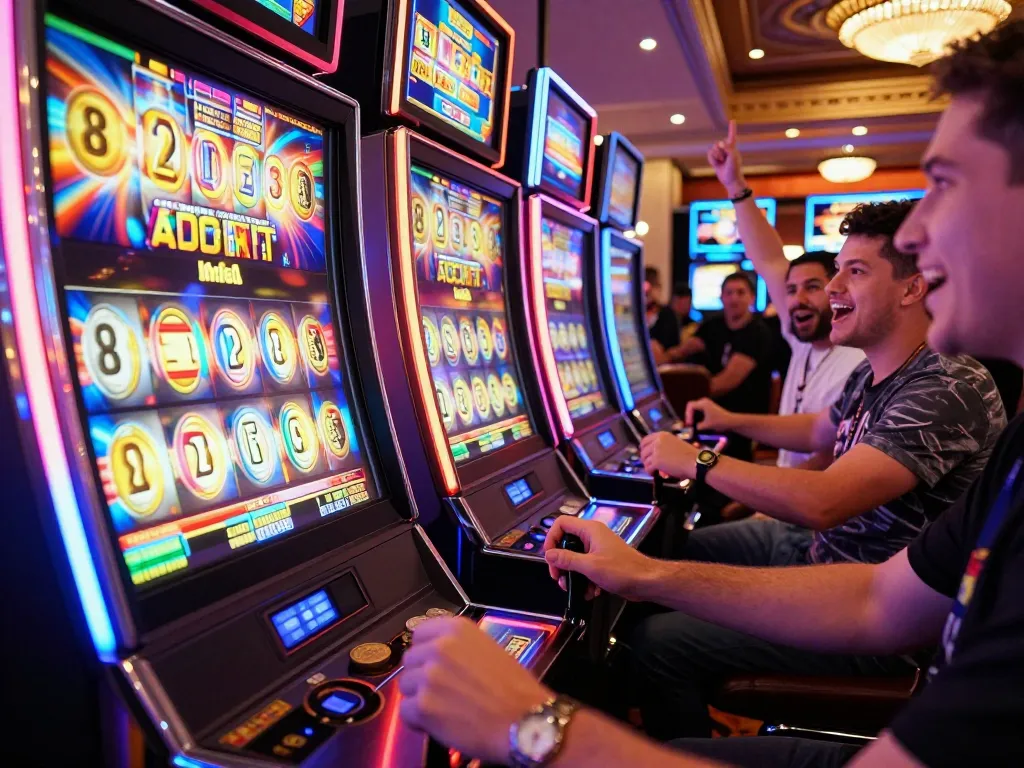 Players experiencing thrilling slot machine action at Kim66 casino, excitement clearly visible on their faces.