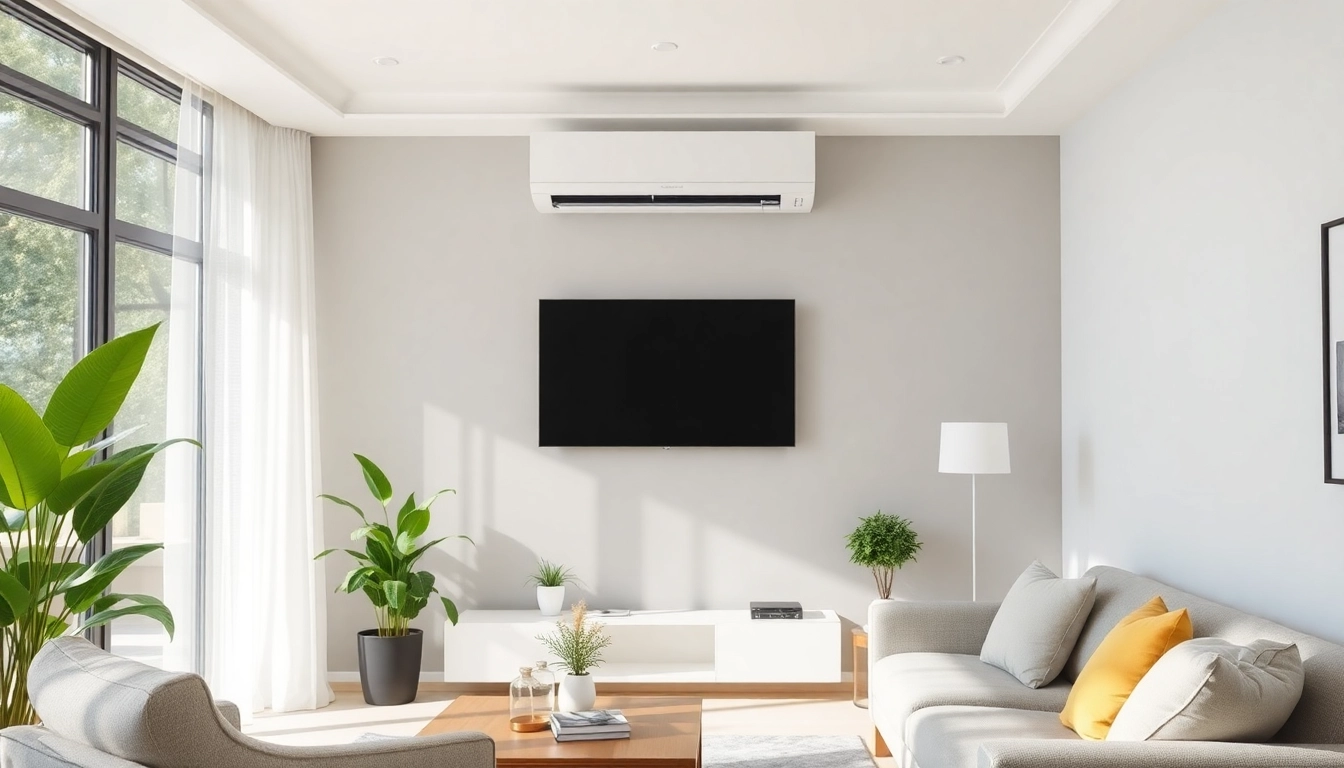 Installing mini split ac in a contemporary living space with sleek furniture.