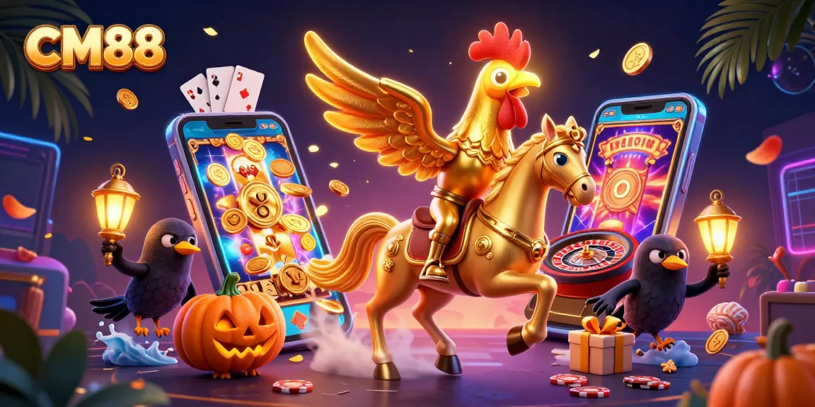 CM88 features a thrilling scene with golden rooster and friends enjoying slot games and casino vibes.