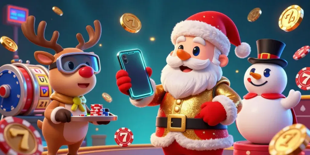 Join the festive fun at Hit club with Santa, his reindeer, and a snowman in a lively casino setting.