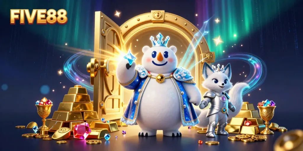 Experience the thrill of FIVE88 with a majestic polar bear and dynamic casino elements.
