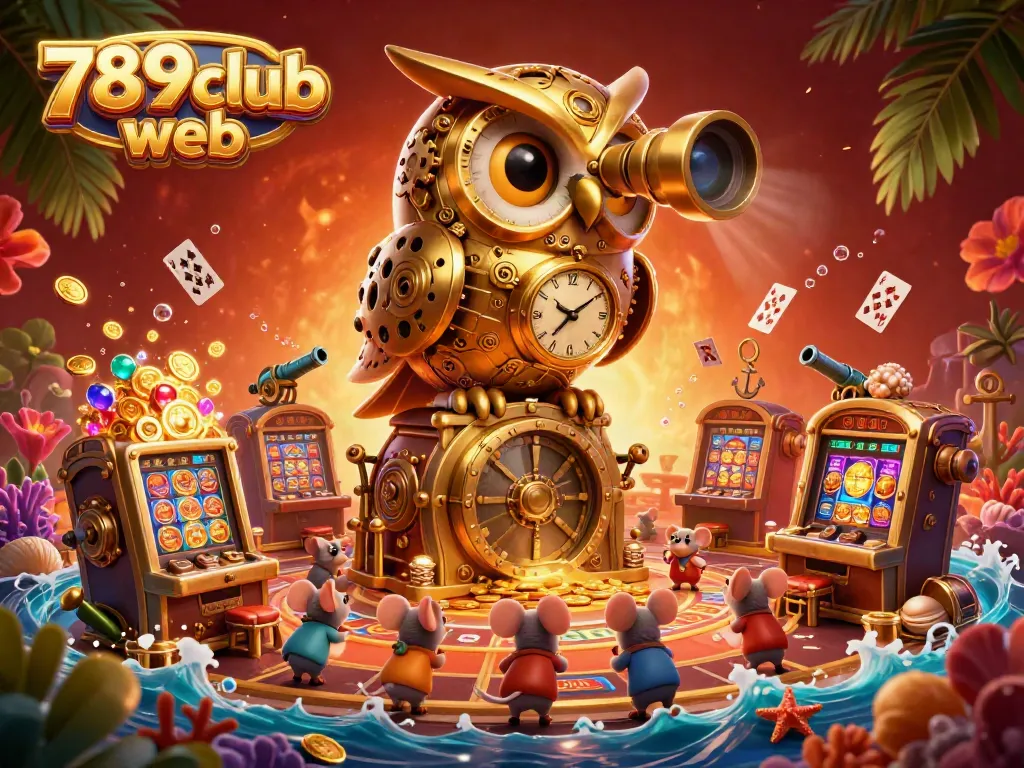 Engage with the vibrant 789club web casino scene where a giant golden owl oversees a lively floor filled with treasures and whimsical characters.