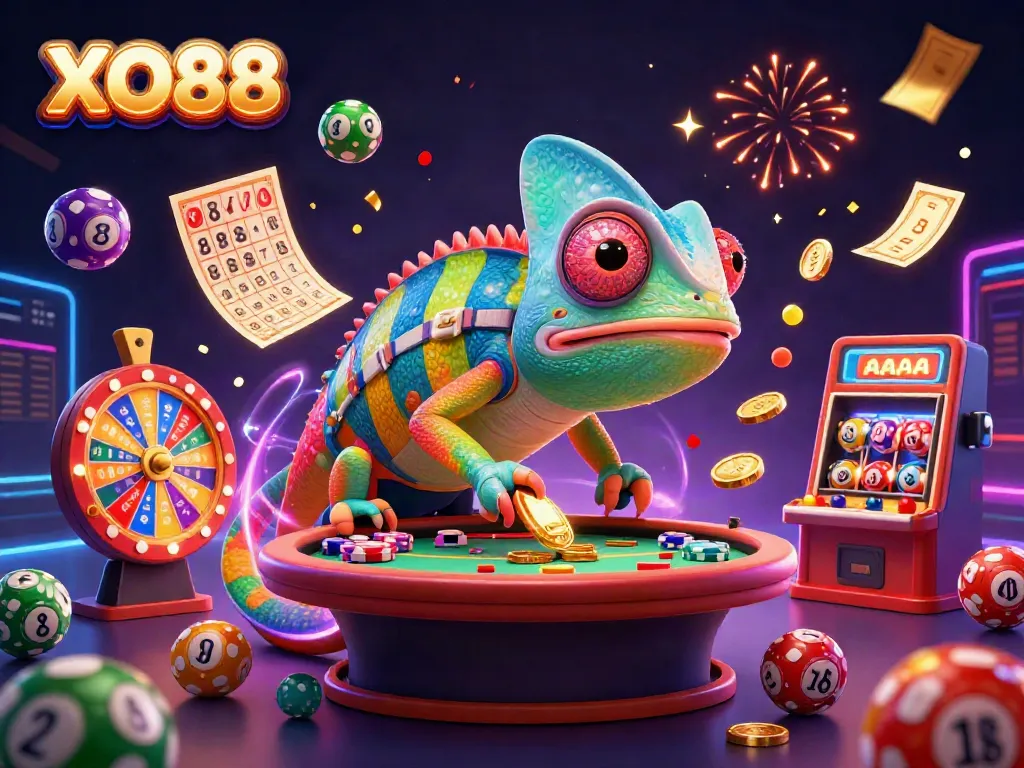 Experience the vibrant action of XO88 casino with a lively chameleon casino owner, jackpot games, and colorful elements.