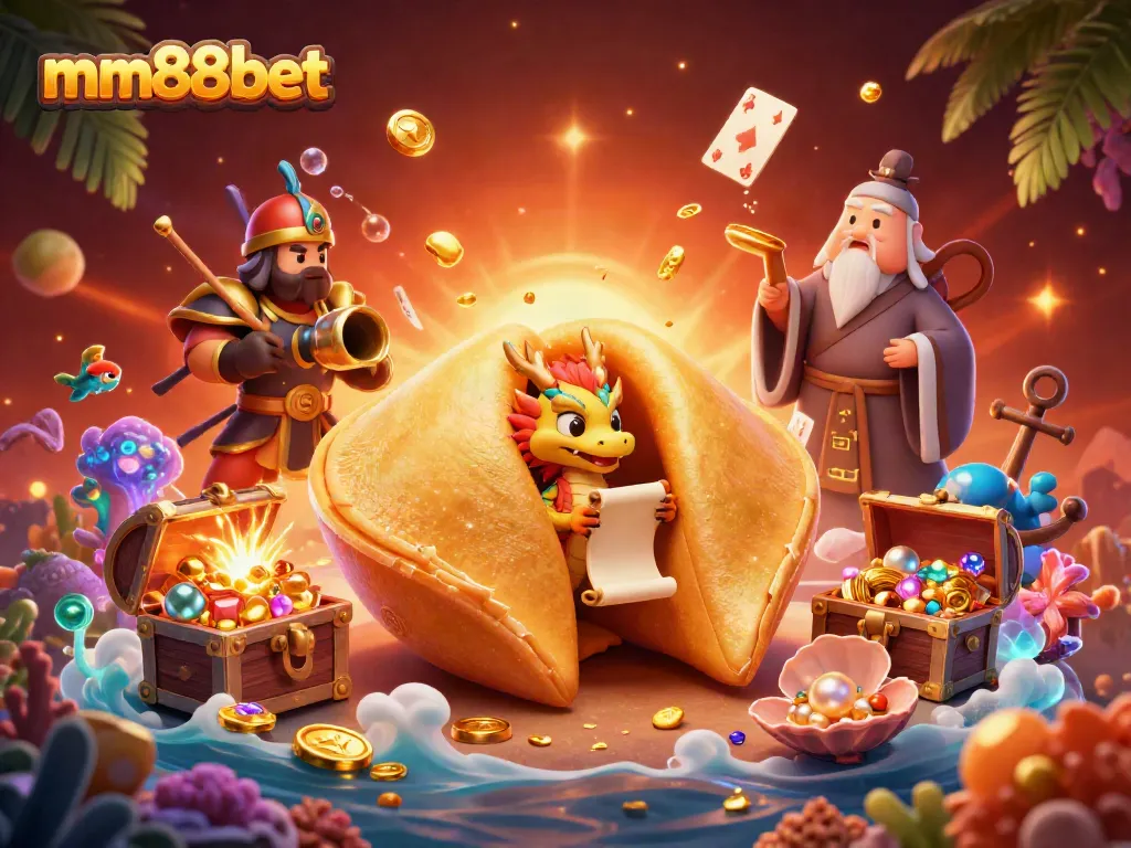 The mm88bet casino illustration showcases a lively scene with a golden fortune cookie and a wise dragon amid vibrant gambling elements.