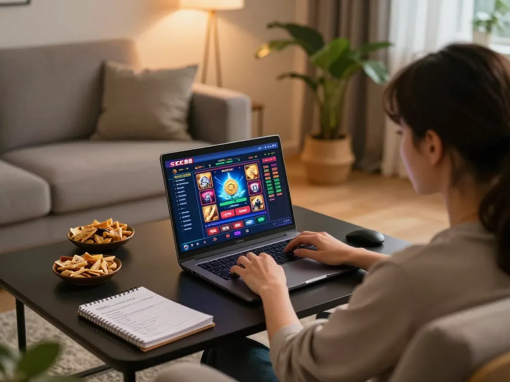 Engaging with SC88 online casino on a laptop while enjoying snacks and comfortable home setting.