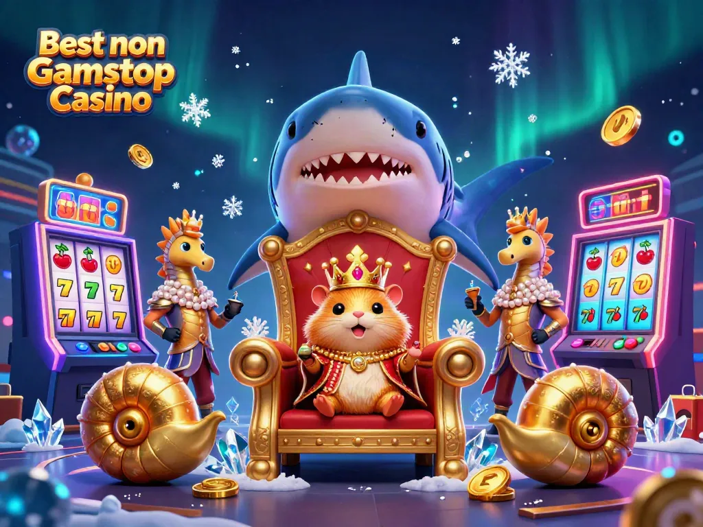 Enjoy the vibrant atmosphere of the Best non Gamstop Casino illustrated with a golden hamster king and slot machines.