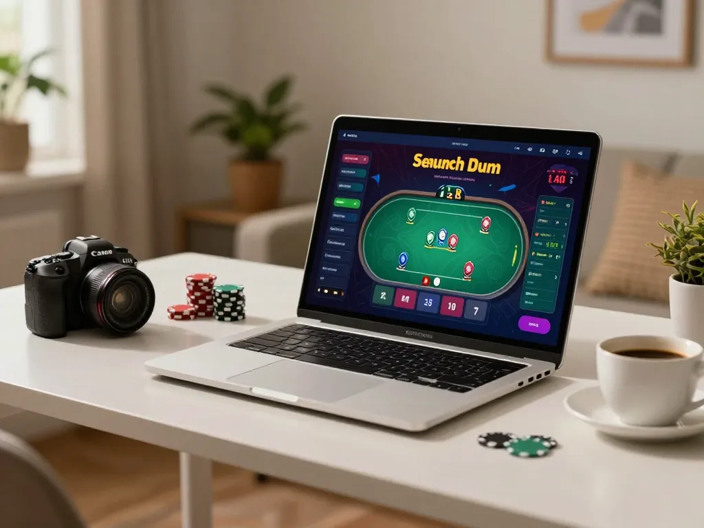 Join a thrilling poker game online at https://f168.tech/ with a sleek home setup featuring a stylish laptop.