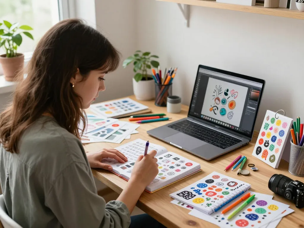 Vibrant creative workspace showcasing a custom reusable sticker book, colorful art supplies, and a young artist in action.