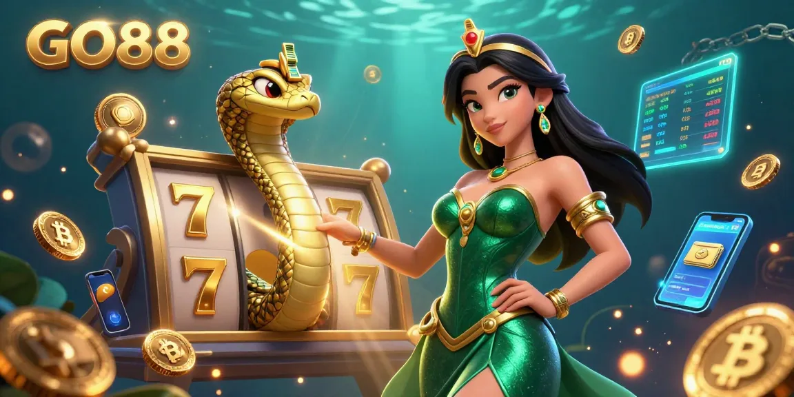 Activate your luck at GO88 with vibrant slot reels and crypto elements in this 3D casino scene.