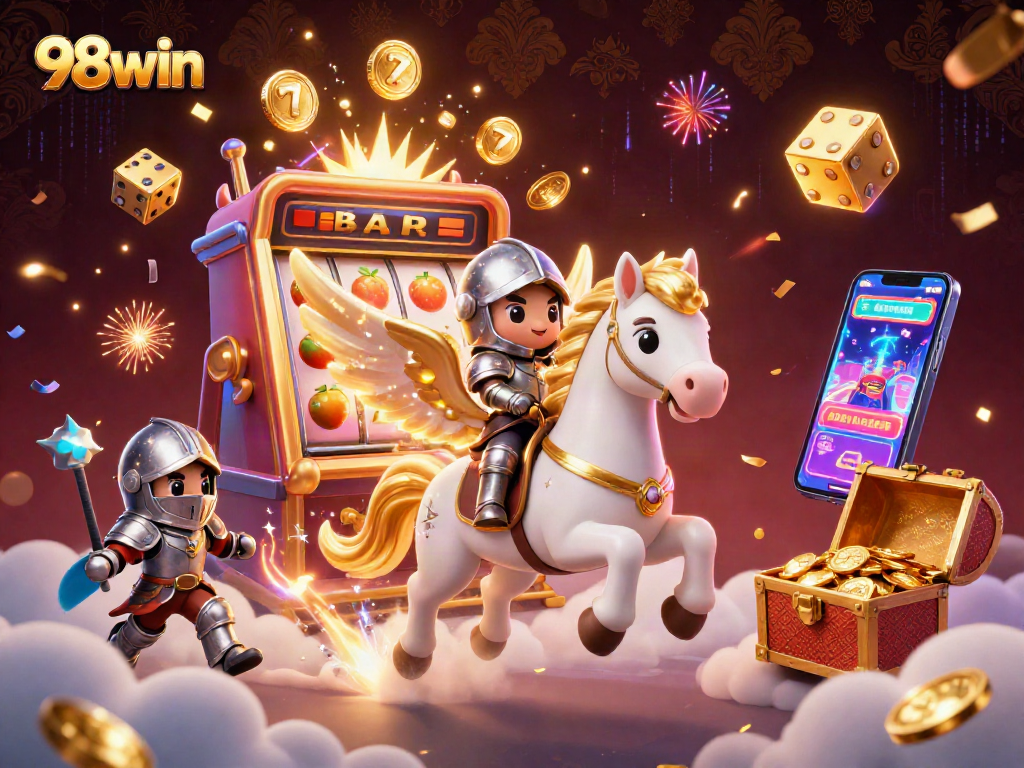 Experience the thrill of slots with 98win in a vibrant 3D casino scene featuring dynamic characters and game elements.