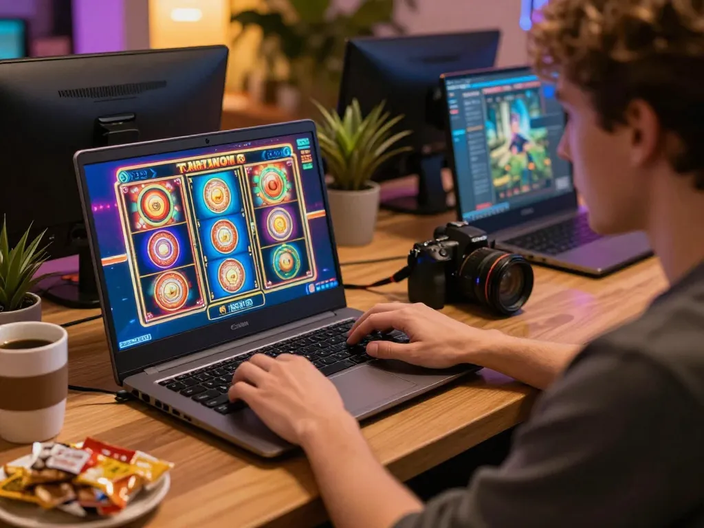 Player enjoying engaging slot gameplay on their laptop, highlighting 98win9 as the go-to online casino